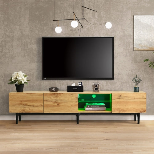 Modern Minimalist TV Stand with 4 Spacious Cabinets & Gray Accents