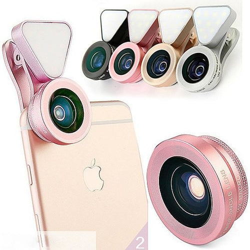 3-in-1 Phone Lens Kit with LED Fill Light – Macro, Wide Angle & Selfie Glow Clip